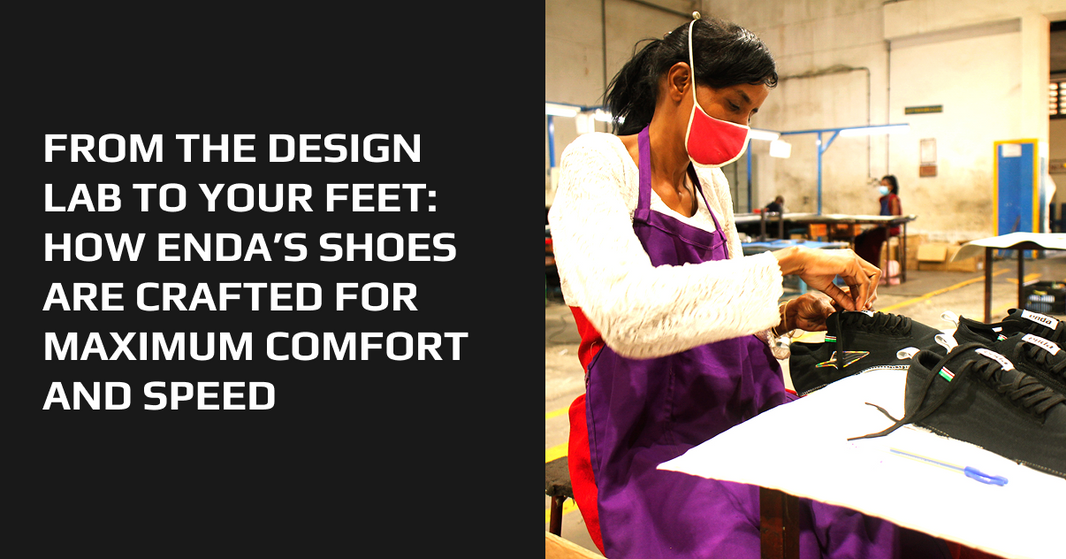 Enda running shoe prototype on a design lab table with sketches and materials